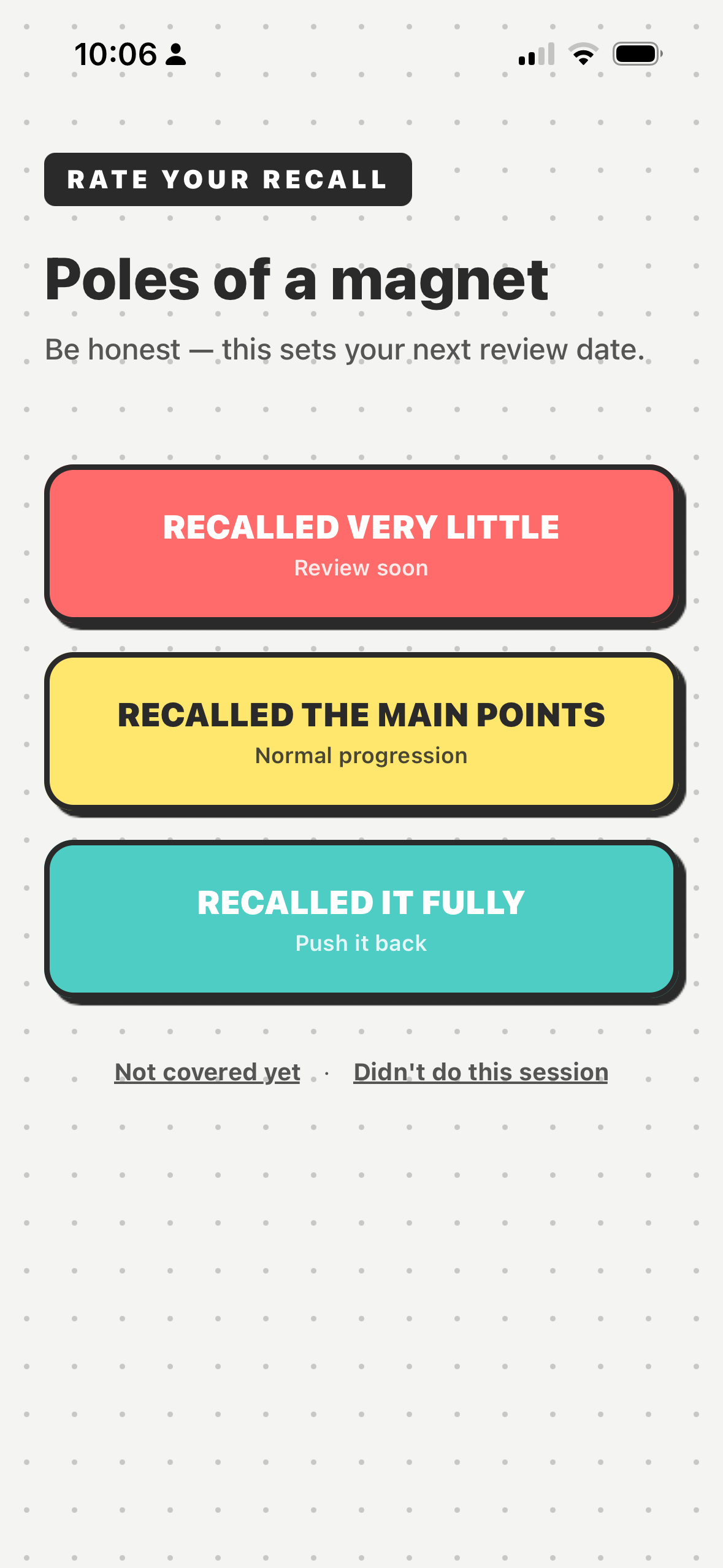 Kraemon rate-your-recall feedback screen